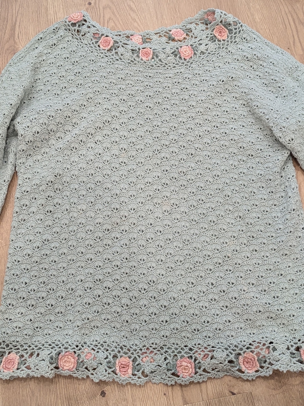 Knitted Mint Green Sweater with Pink Rose Trim